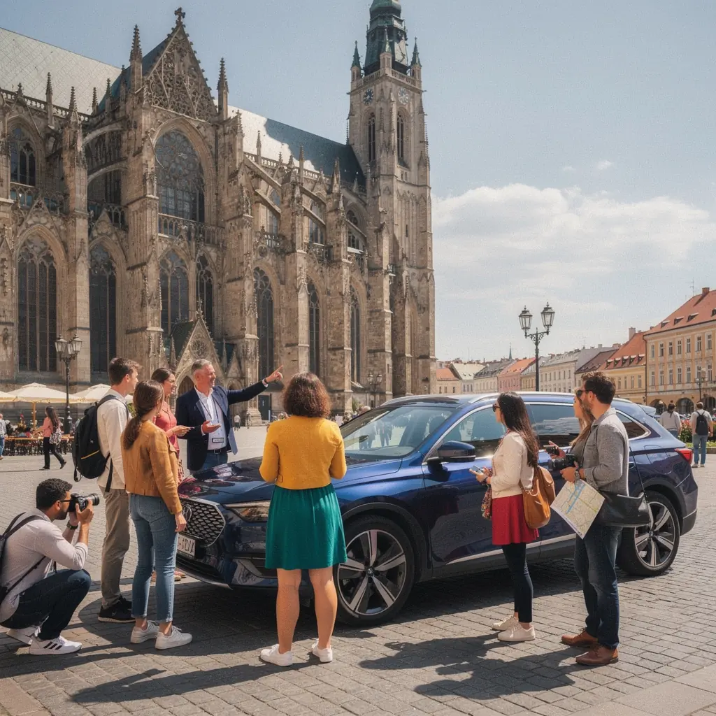 Interiér luxusného auta s koženými sedadlami a modernými technológiami.