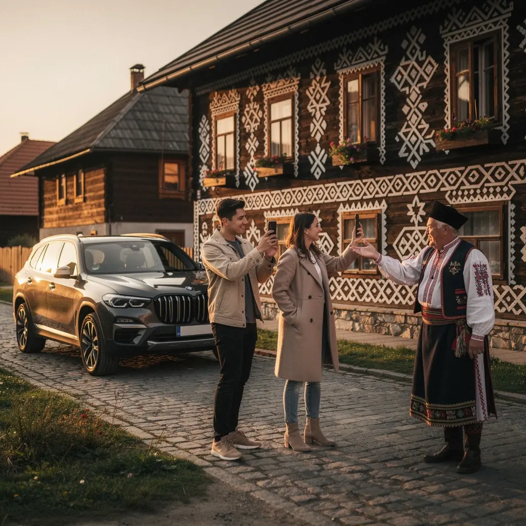 Skupina priateľov sa fotografuje pri luxusnom aute na výlete v Tatrách.